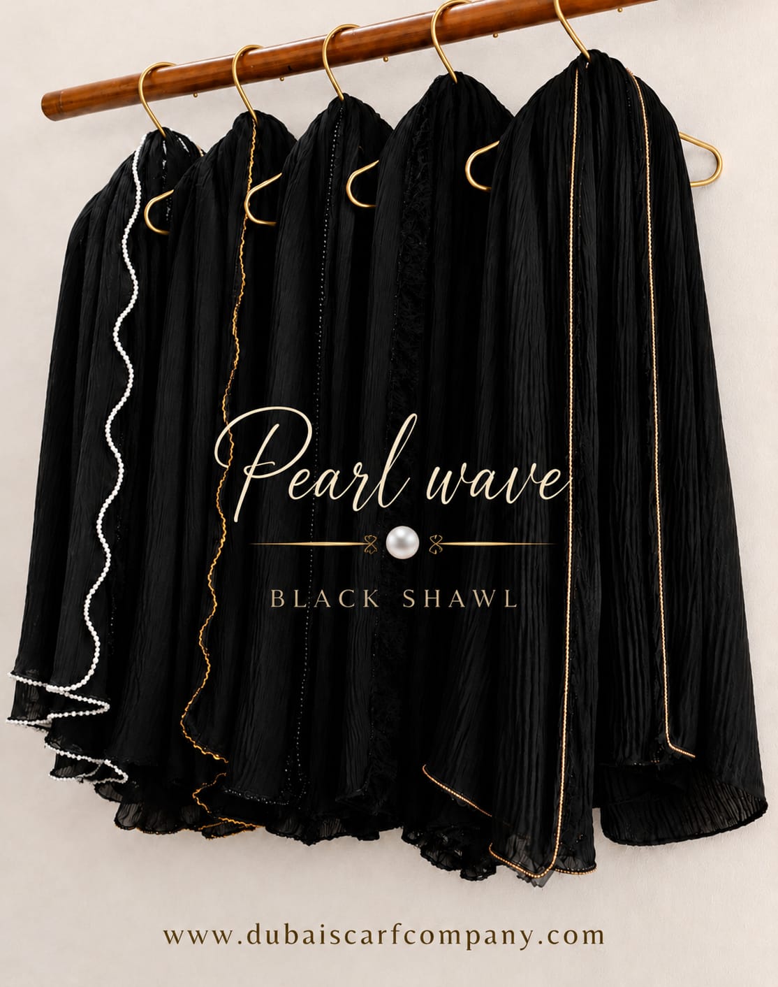 Pearl Wave Black Shawl | Premium Pearl Border Crinkle Shawl