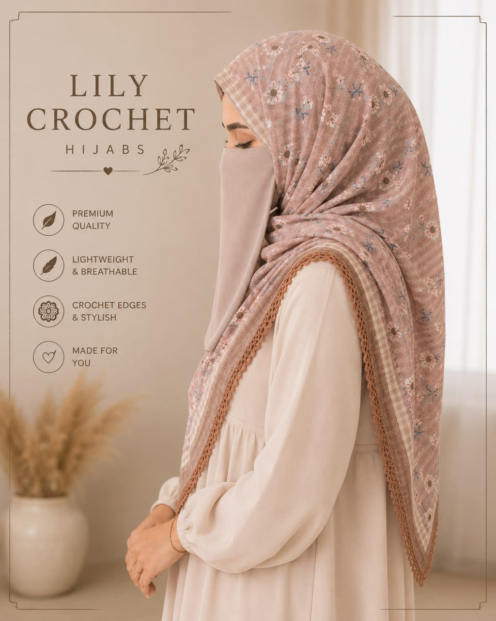 Lily Crochet Hijab | Premium Floral Printed Hijab with Crochet Lace Border