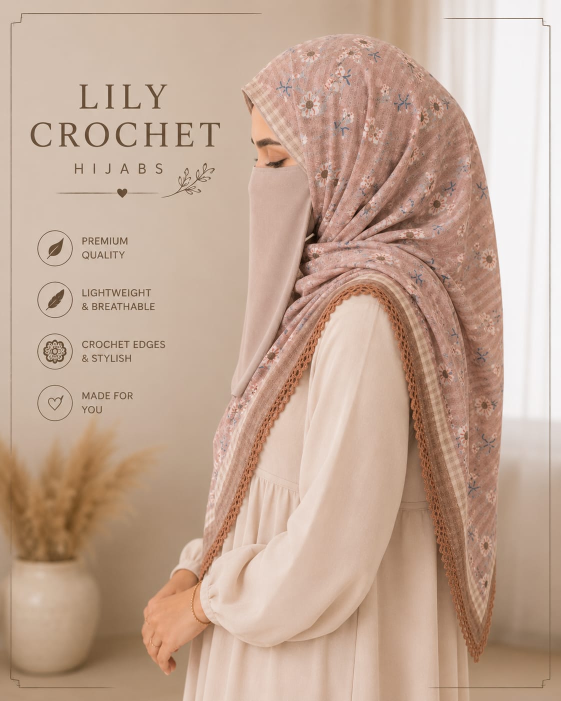 Lily Crochet Hijab | Premium Floral Printed Hijab with Crochet Lace Border