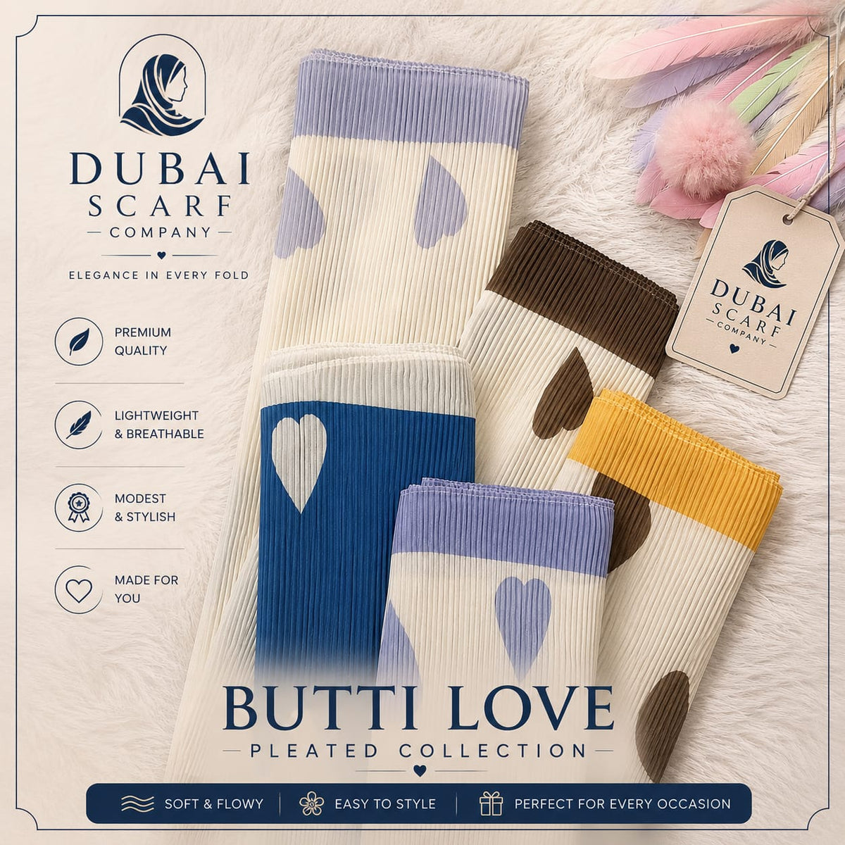 Butti Love Pleated Hijab | Premium Heart Print Pleated Hijab Collection