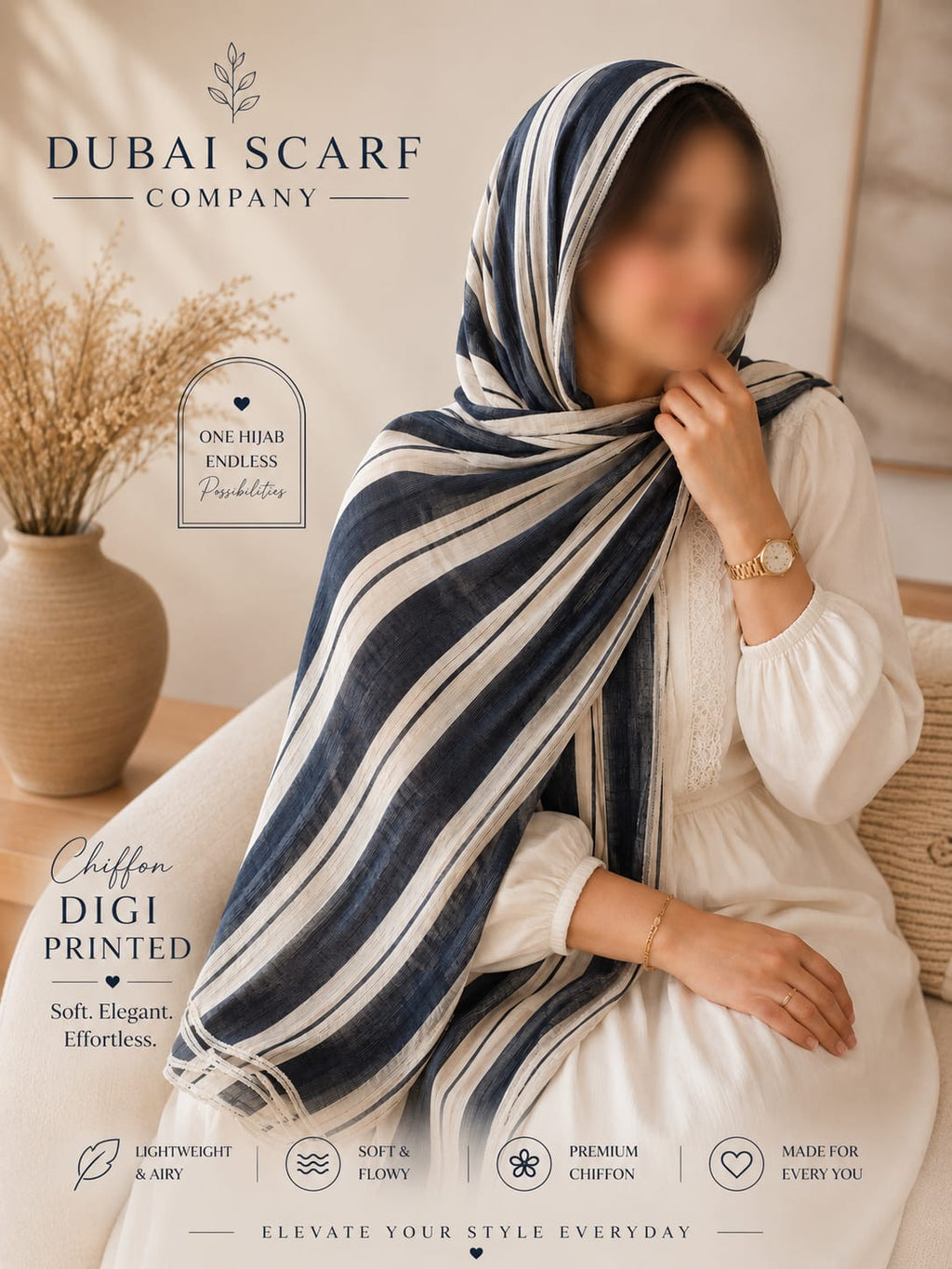 Premium Digital Printed Stripe Chiffon Hijab
