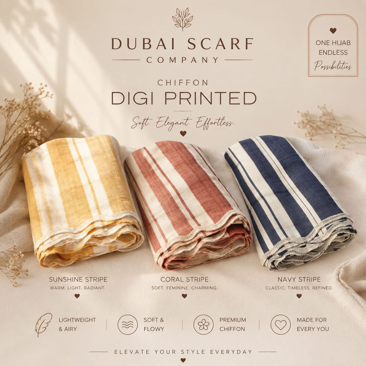 Premium Digital Printed Stripe Chiffon Hijab