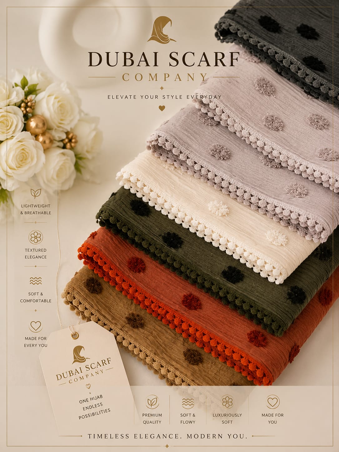 Premium Textured Cotton Pom Pom Hijab with Lace Border