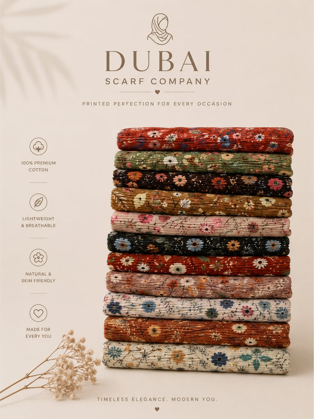 Premium Cotton Floral Printed Hijab – Soft Crinkle Cotton Collection