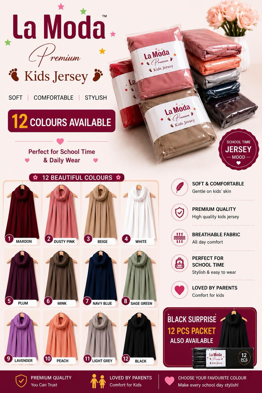 La Moda Premium Kids Jersey Hijab Collection | 12 Colours for School & Daily Wear