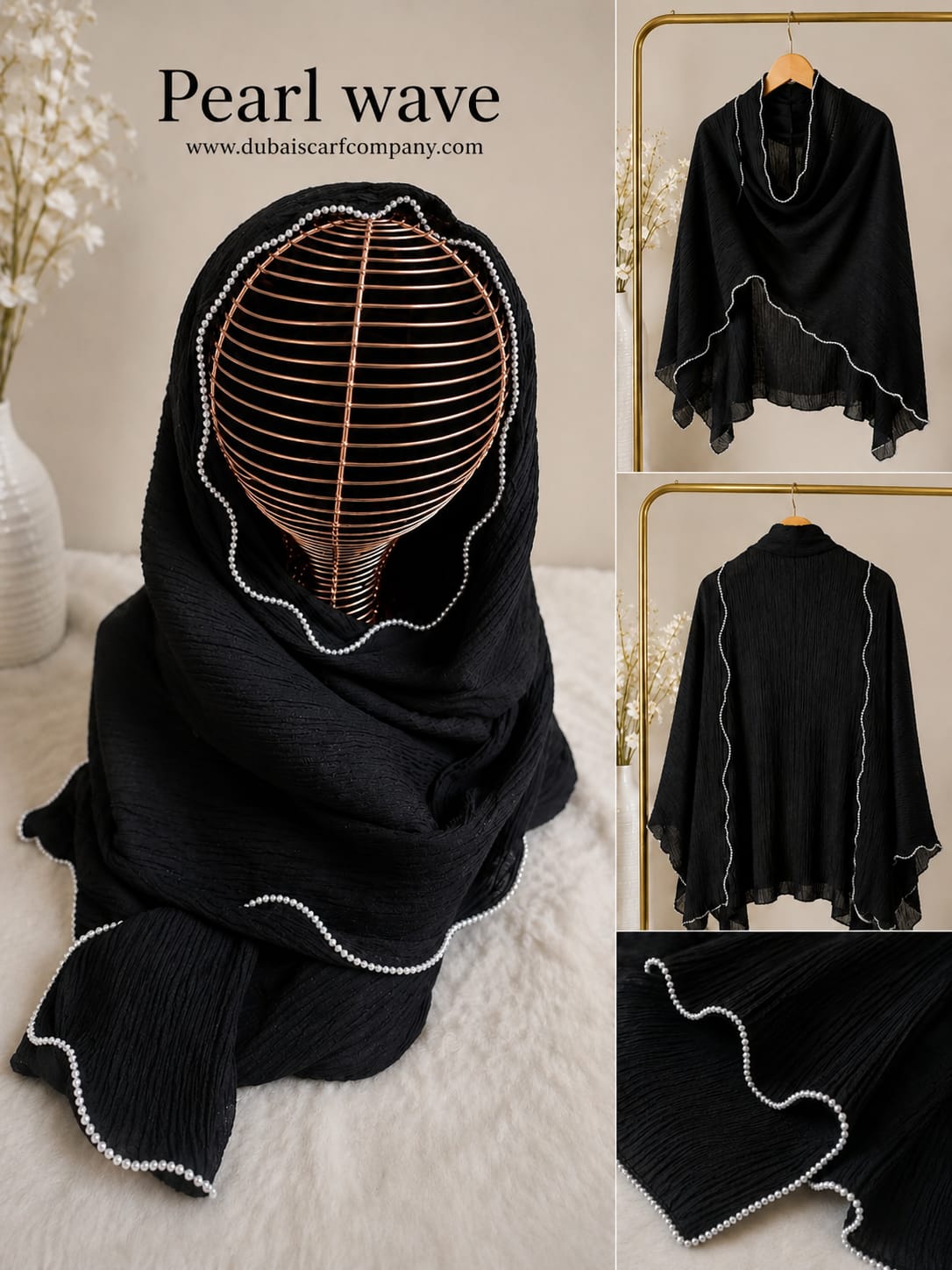 Pearl Wave Black Shawl | Premium Pearl Border Crinkle Shawl